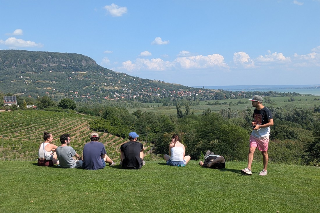  Students sit on a grassy hillside overlooking vineyards and mountains in Hungary 