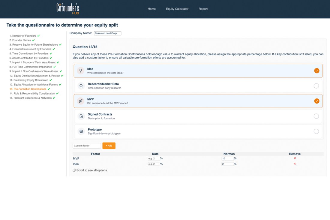 Screenshot of an online questionnaire interface titled 'Take this questionnaire to determine your equity split' with a sidebar containing numbered sections. The main content area shows Question 13/15 with multiple choice options.
