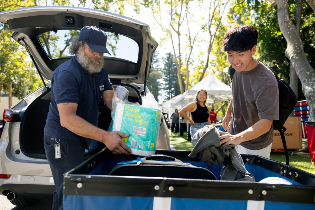 Two people lifting items out of the back of an open car trunk. The car is parked on a tree-lined street.