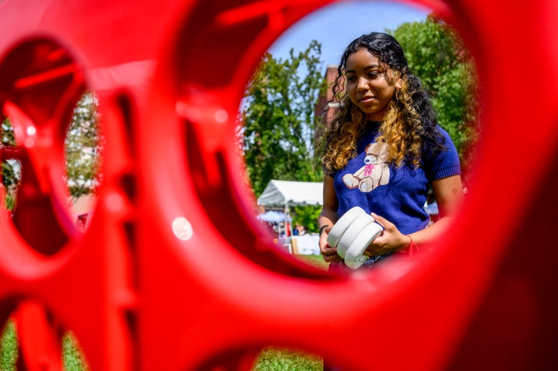 A student plays giant Connect 4.
