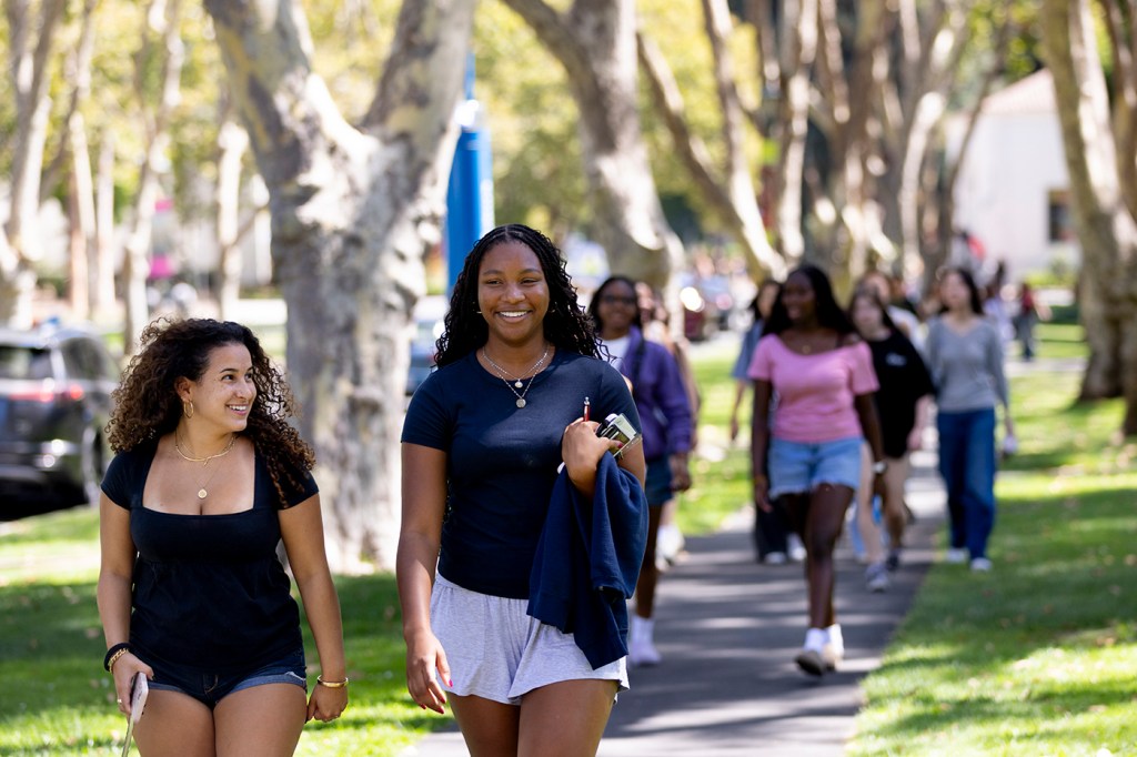 Northeastern students smile and walk together along a tree-lined path on the Oakland campus.