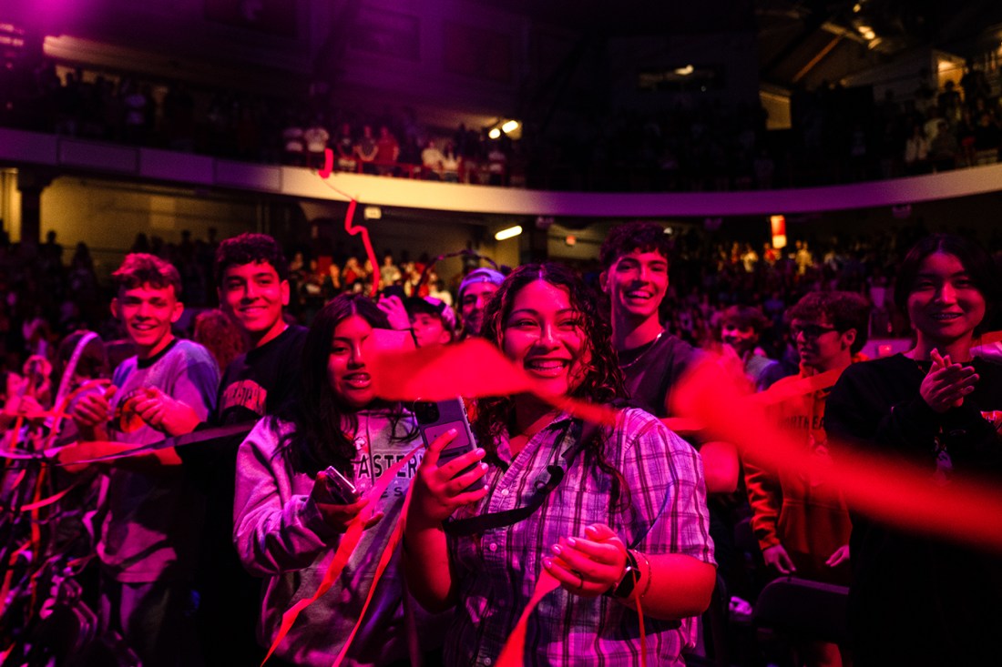 A dark shot of the crowd of incoming freshmen during the President's Convocation at Northeastern's Boston campus.