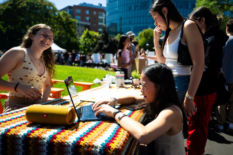 A student types on a laptop at Fall Fest. 