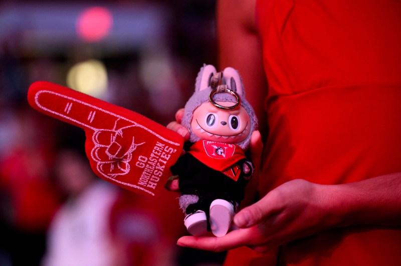 A Labubu is dressed in Northeastern gear at convocation.
