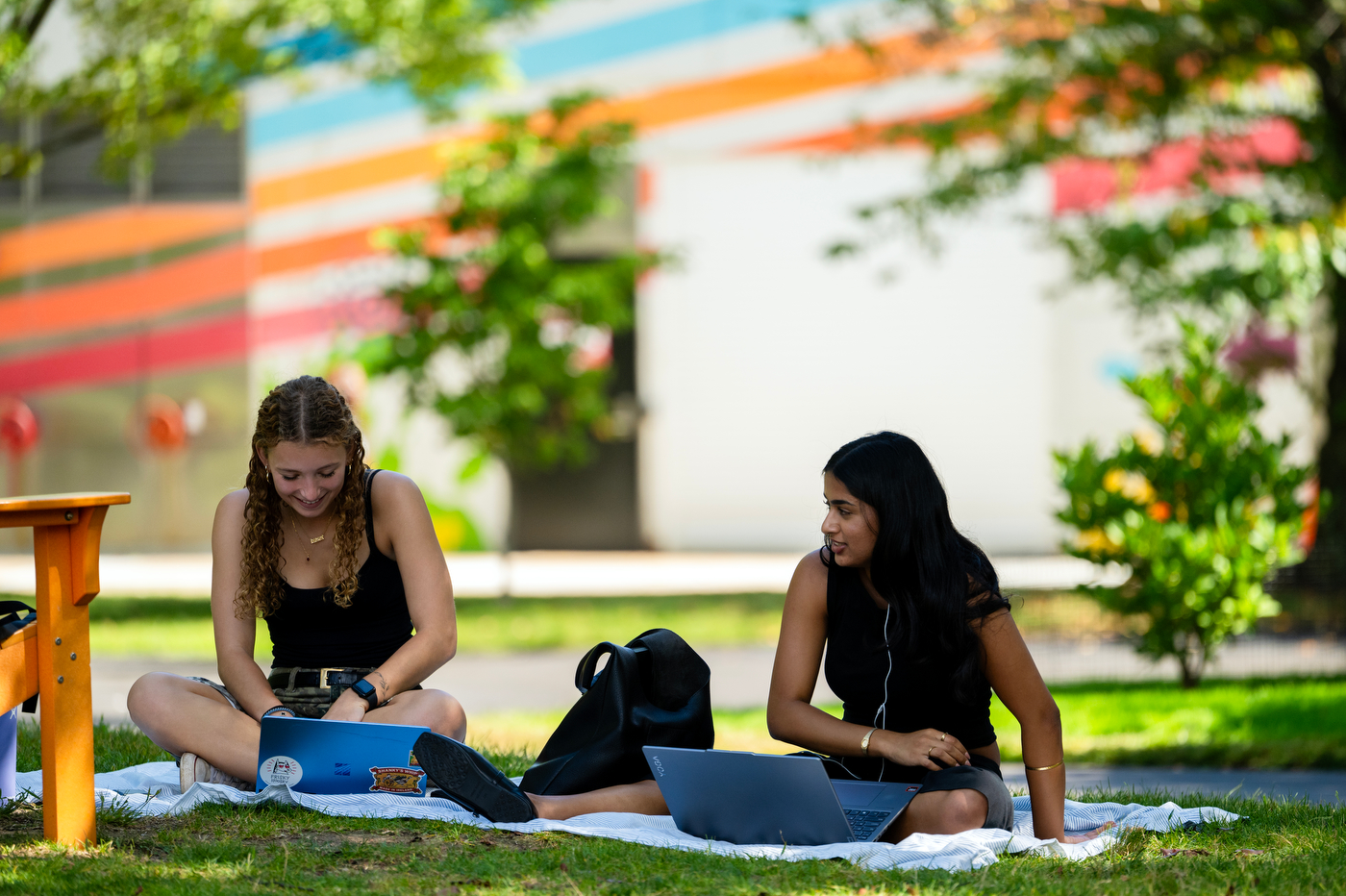 Students sit outside on a blanket while working on their laptops.