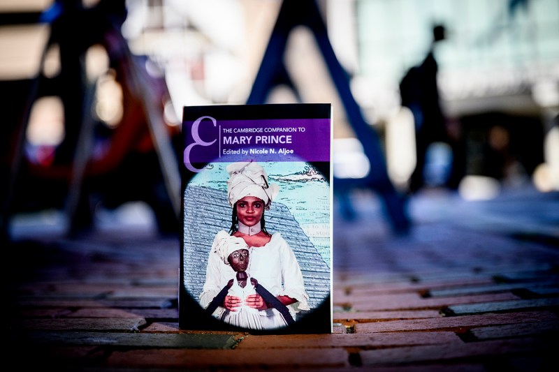 A photo of the cover of the book “The Cambridge Companion to Mary Prince,” depicted against an urban background.