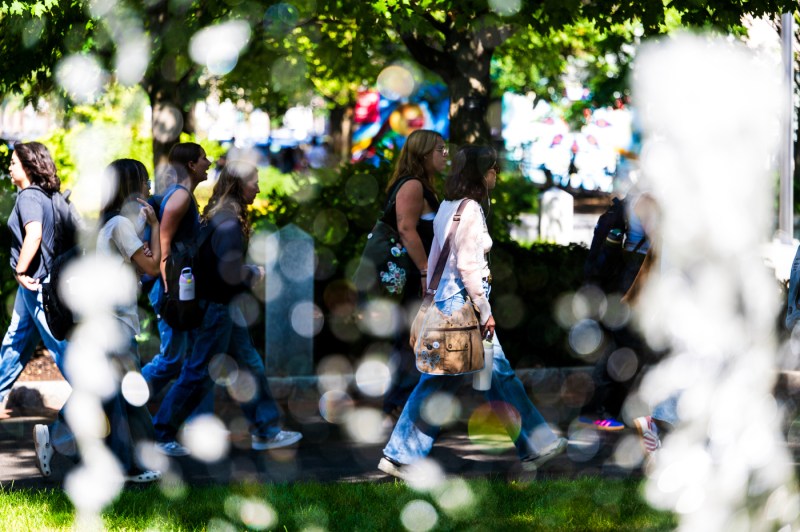 Students walk through campus.
