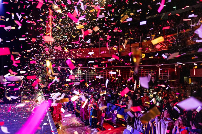 Confetti flies through the air at convocation in London.