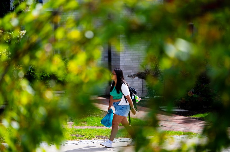 A student walks through campus.