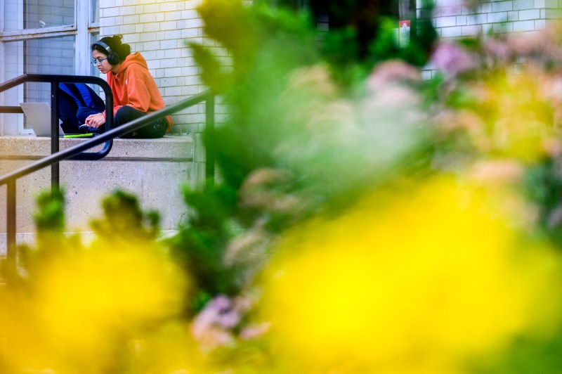 A student sits on a stone wall while working on their laptop.