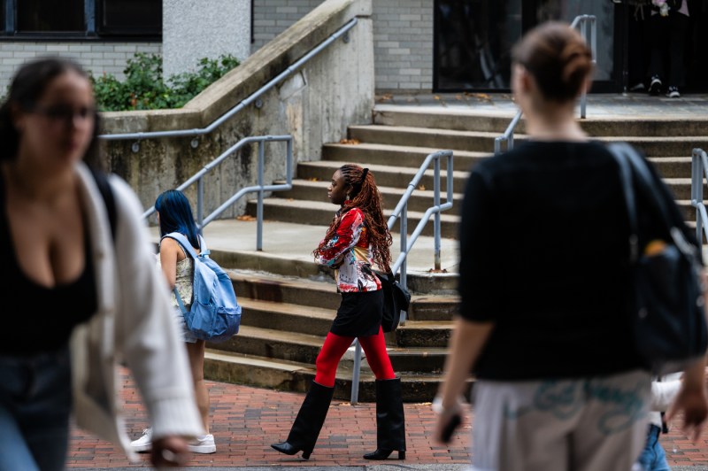 Students walk through campus.