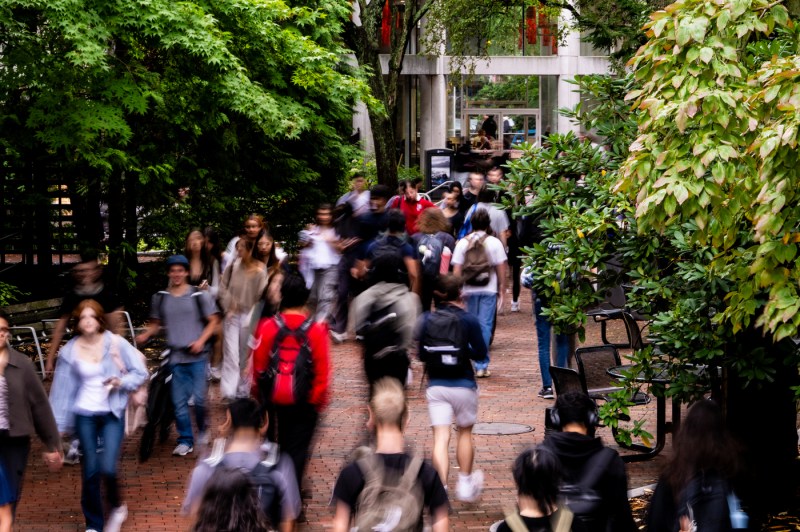 Students walk through campus.