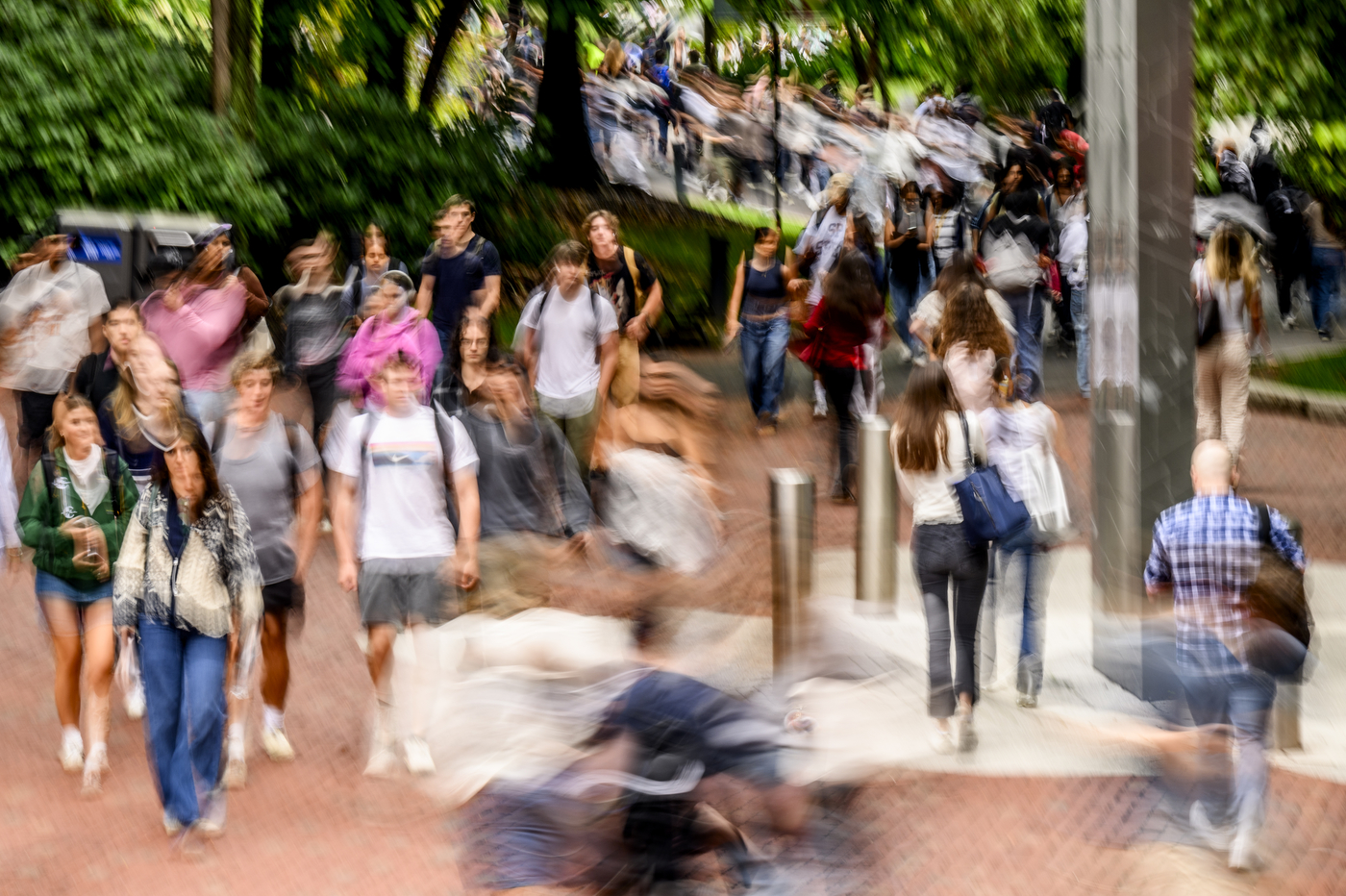 Students walk through campus.