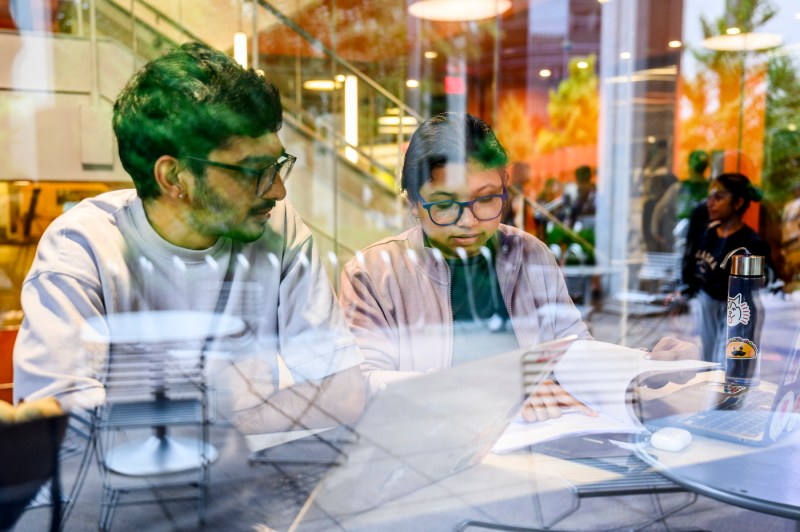 Students study together in Snell Library.