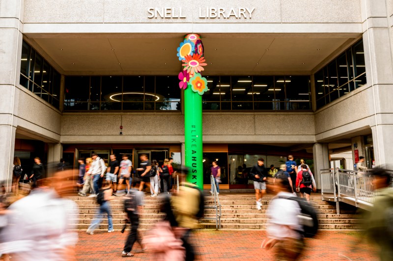 Students walk past Snell Library.