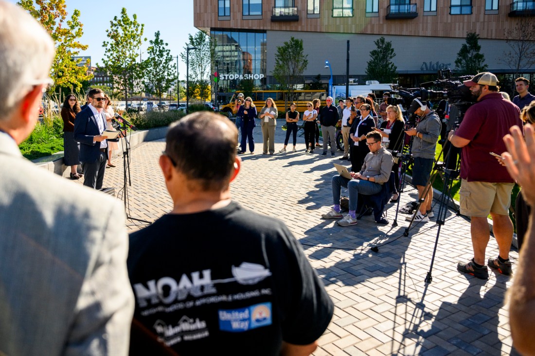 Audience listens to a presentation during the City of Boston Air Grant event at The Rita Hester Green in Allston, Massachusetts.