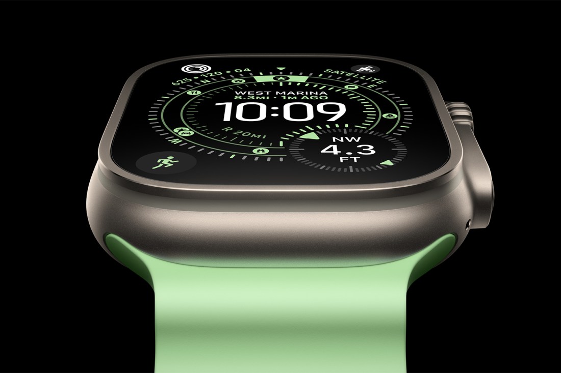 An Apple Watch depicted against a black background.