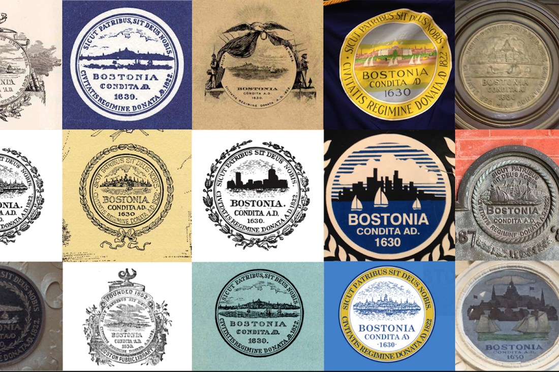 A collage of 15 different Boston city seals laid out in a 3x5 grid.