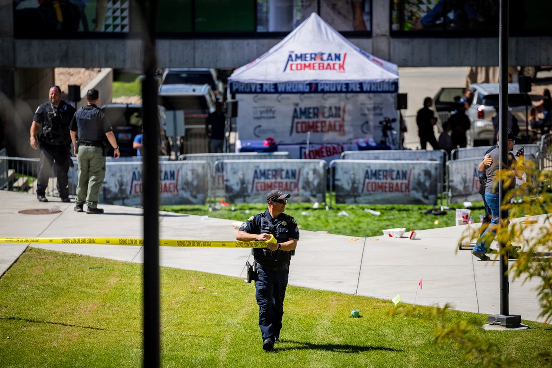 A photo of the tent set up during the Charlie Kirk event on a Utah campus.