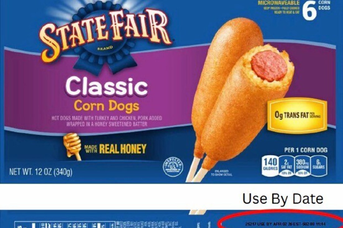 Purple and blue packaging to a product containing readymade corn dogs.