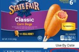 Purple and blue packaging to a product containing readymade corn dogs.