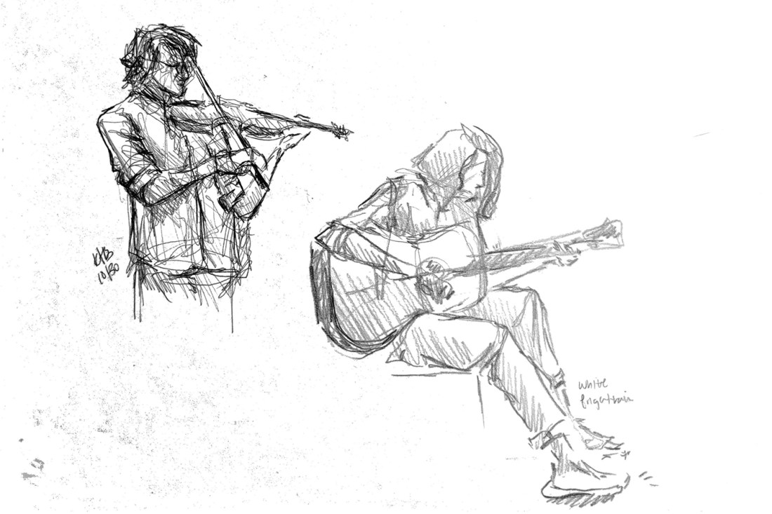A sketch of a person playing violin next to a person playing guitar. 