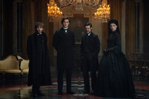 Three male actors and a female actress depicted in a serious portrait wearing 19th century garb, in Netflix’s House of Guinness.