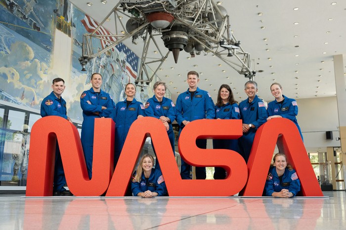 A photo depicting a group of NASA astronauts in blue spacesuits.