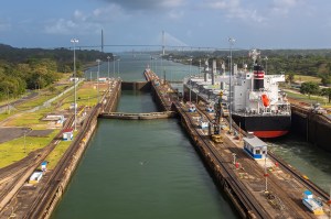 A series of boat locks in the Panama Canal.