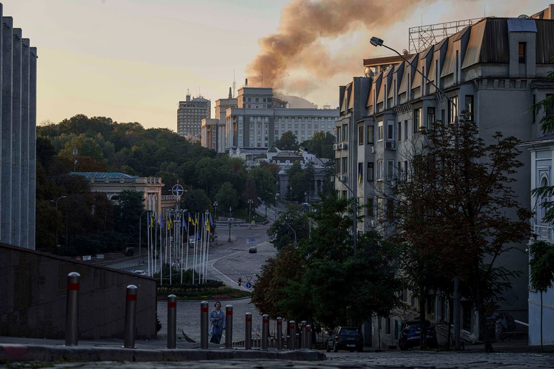 Smoke seen from a distant building in Ukraine.