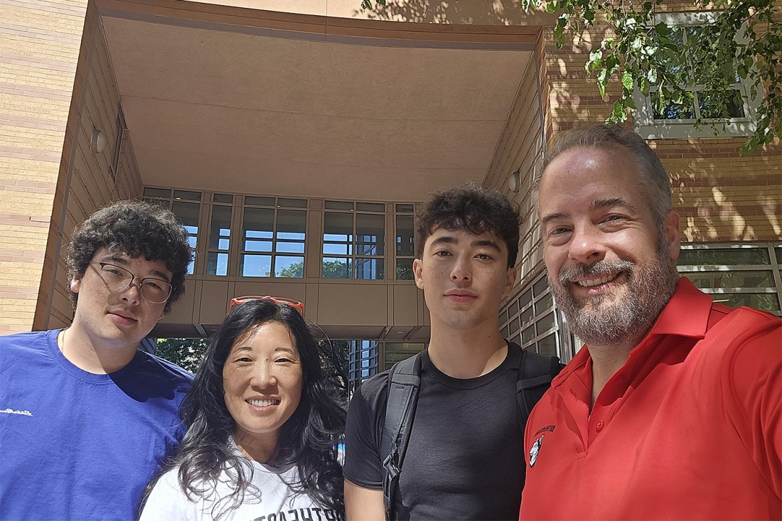 Sarah and Scott Pelletier taking a selfie with their sons Braden and Gabriel Pelletier in Oakland. 