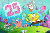 An animated snapshot of the characters in &quot;Spongebob,&quot; frolicking in an underwater field while catching purple jellyfish.