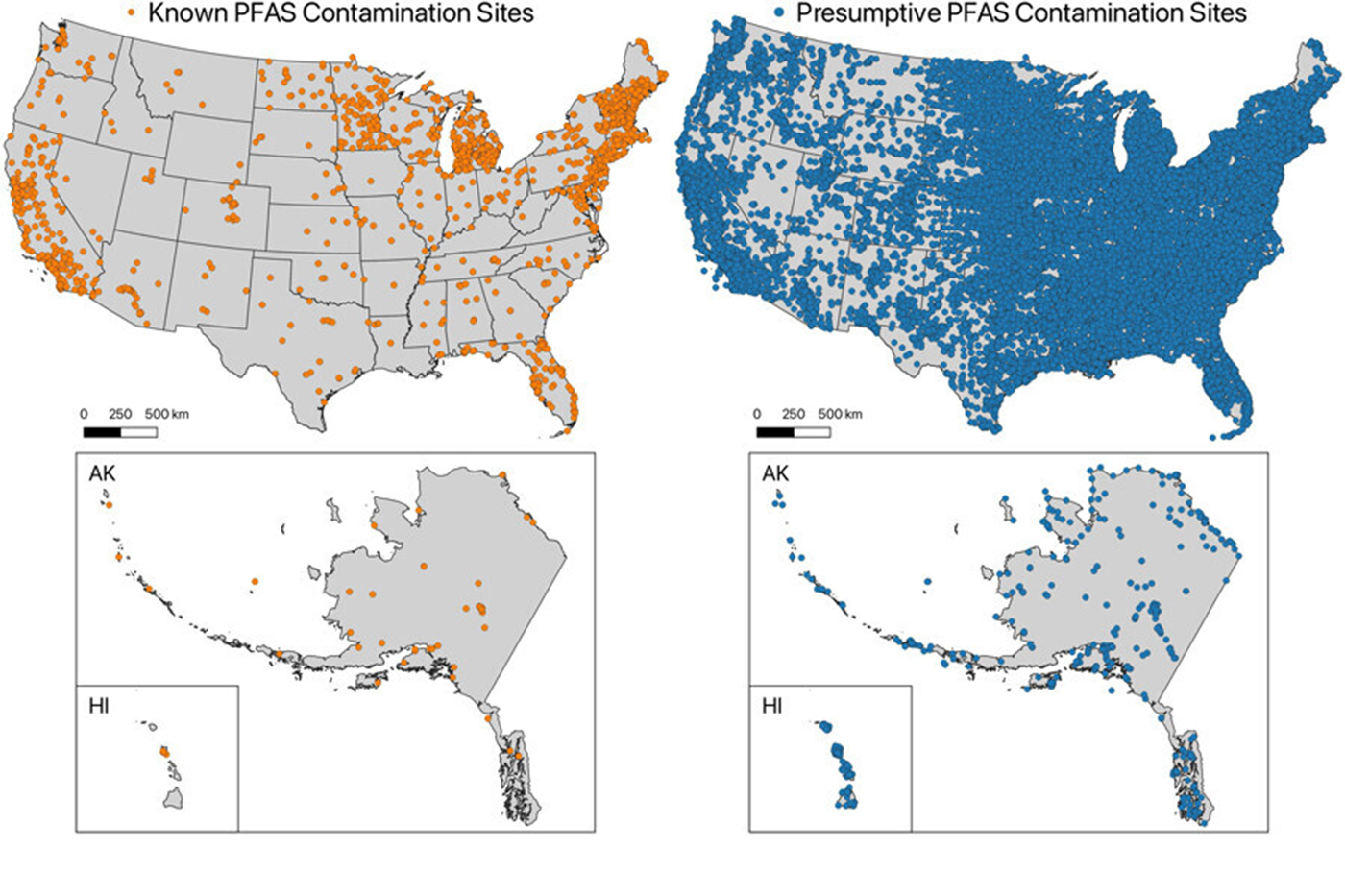Several maps depicting the known and presumptive PFAS contamination sites across the United States.
