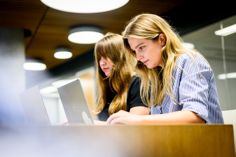 Two Northeastern students with blonde hair work on laptops inside a well-lit campus building.