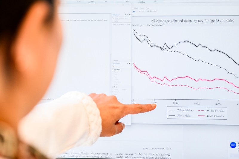 A person pointing at a graph on a screen photographed from behind just over their shoulder.