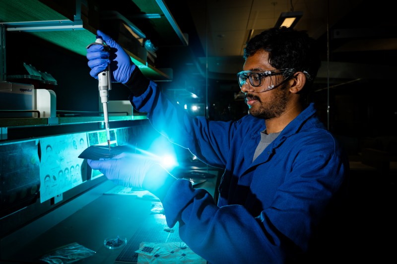 A person wearing protective goggles and gloves uses a pipette at a lab bench illuminated by blue light.