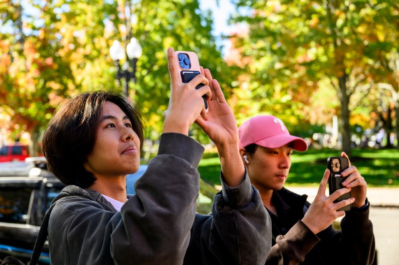 Members of the community take photos of the fall foliage on Northeastern's Boston campus.