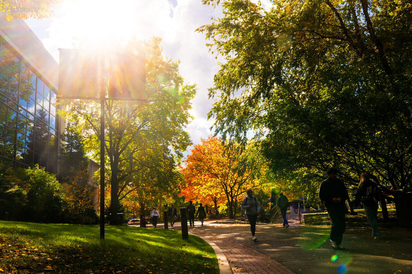 Students, framed by fall foliage, walk across Northeastern's Boston campus.