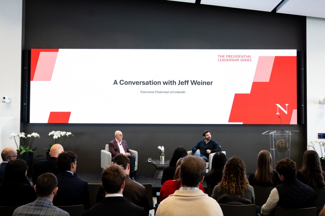 Northeastern President Joseph E. Aoun speaking during a fireside chat.