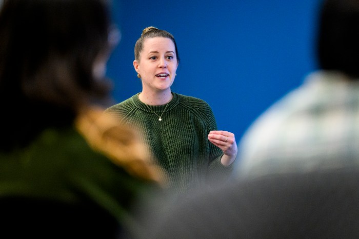 Regina Pagani, Art, Humanities and Experiential Learning Librarian, speaks during the Inside the Archives: Artists' Books event at Northeastern's Snell Library.