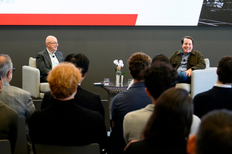 Northeastern President Joseph Aoun speaks with eBay CEO Jamie Iannone during a fireside chat at the Boston campus on Oct. 24, 2025.