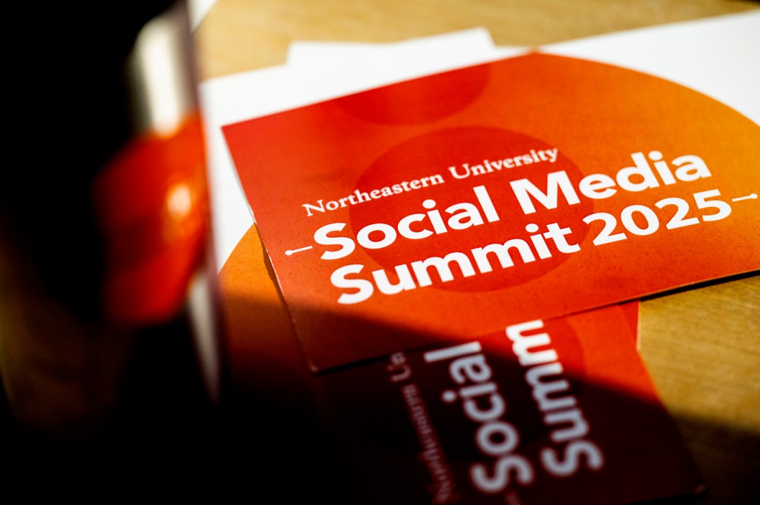 An event card that says 'Northeastern University Social Media Summit 2025' on it in white text over an orange background. 