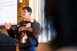 Sam Iannone, the Mayor of Huntington, speaks during a community-building event on the Boston campus.