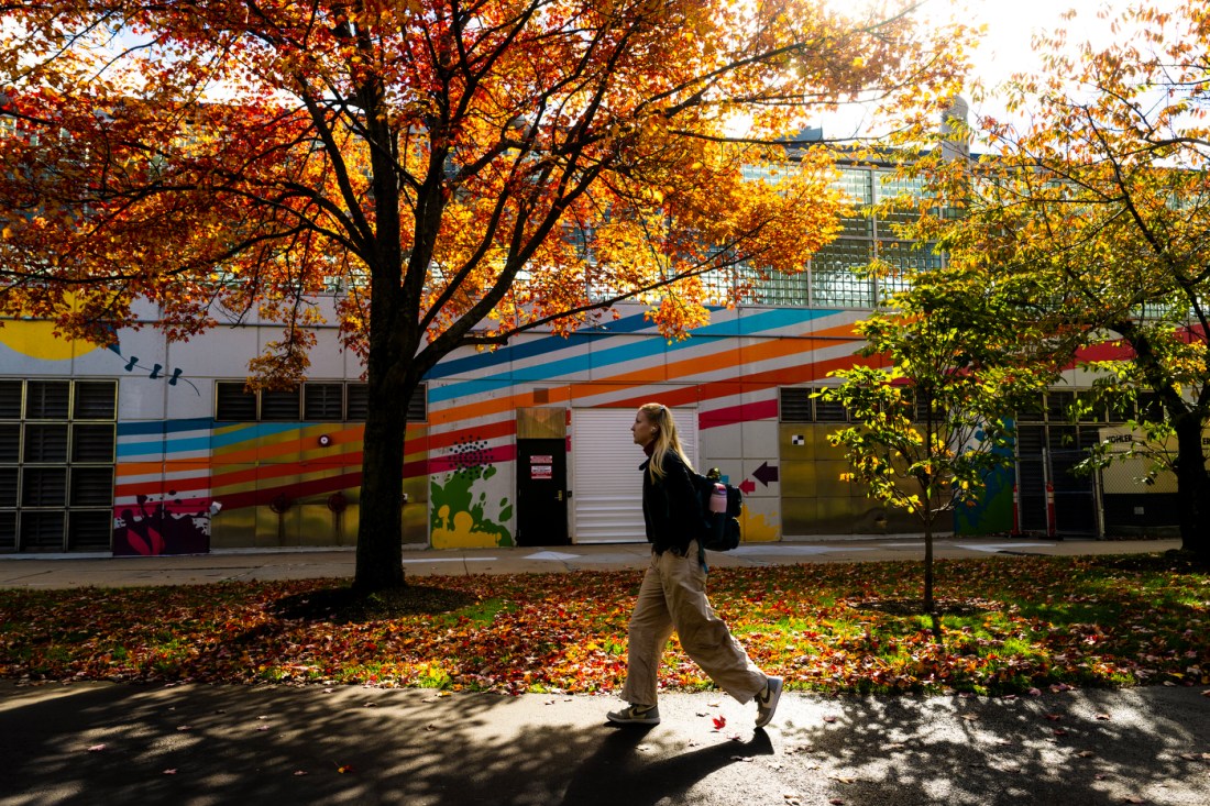 A woman in khaki pants, a black jacket, and wearing a backpack walks by a tree with orange and yellow leaves and a rainbow mural behind her.
