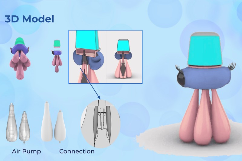 3D digital model showing a conceptual medical or biological device with labeled parts, including an air pump and connection mechanism, displayed on a blue background.