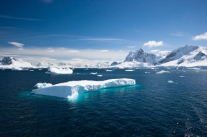 A glacier floating in the sea below a blue sky.