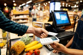 A male customer making a contactless payment with his credit card at the supermarket.