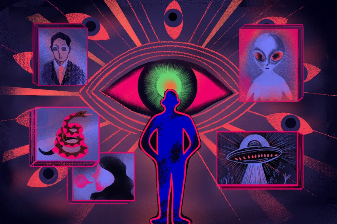 An illustration that depicts a series of conspiratorial images: an alien, a UFO, a mysterious man with dark glasses, all revolving around a central sketch of an all-seeing eye.