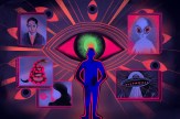 An illustration that depicts a series of conspiratorial images: an alien, a UFO, a mysterious man with dark glasses, all revolving around a central sketch of an all-seeing eye.