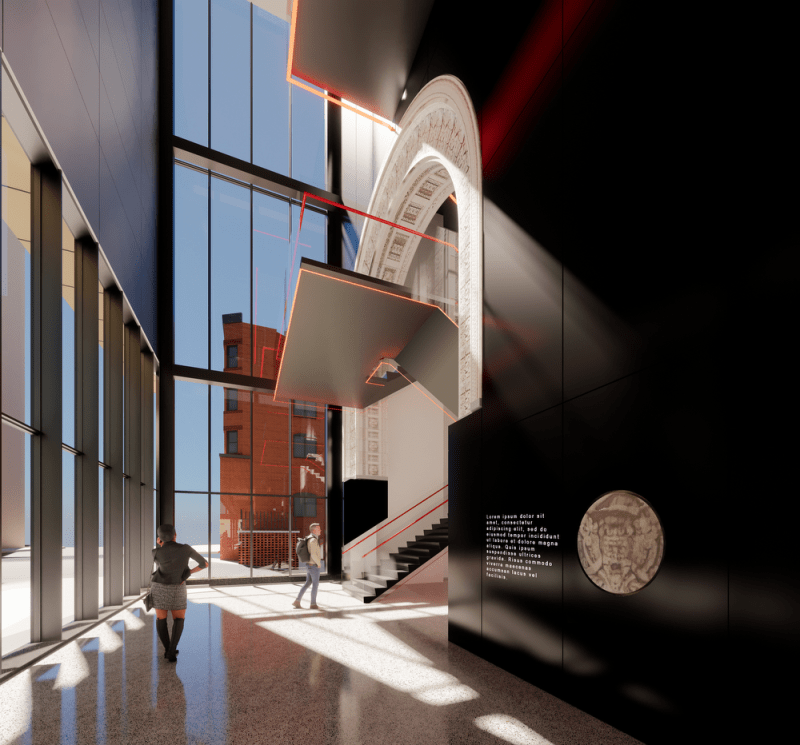A digital rendering of a multi-story atrium with natural light streaming in through floor-to-ceiling windows, featuring the original Matthews Arena archway over top of a staircase.